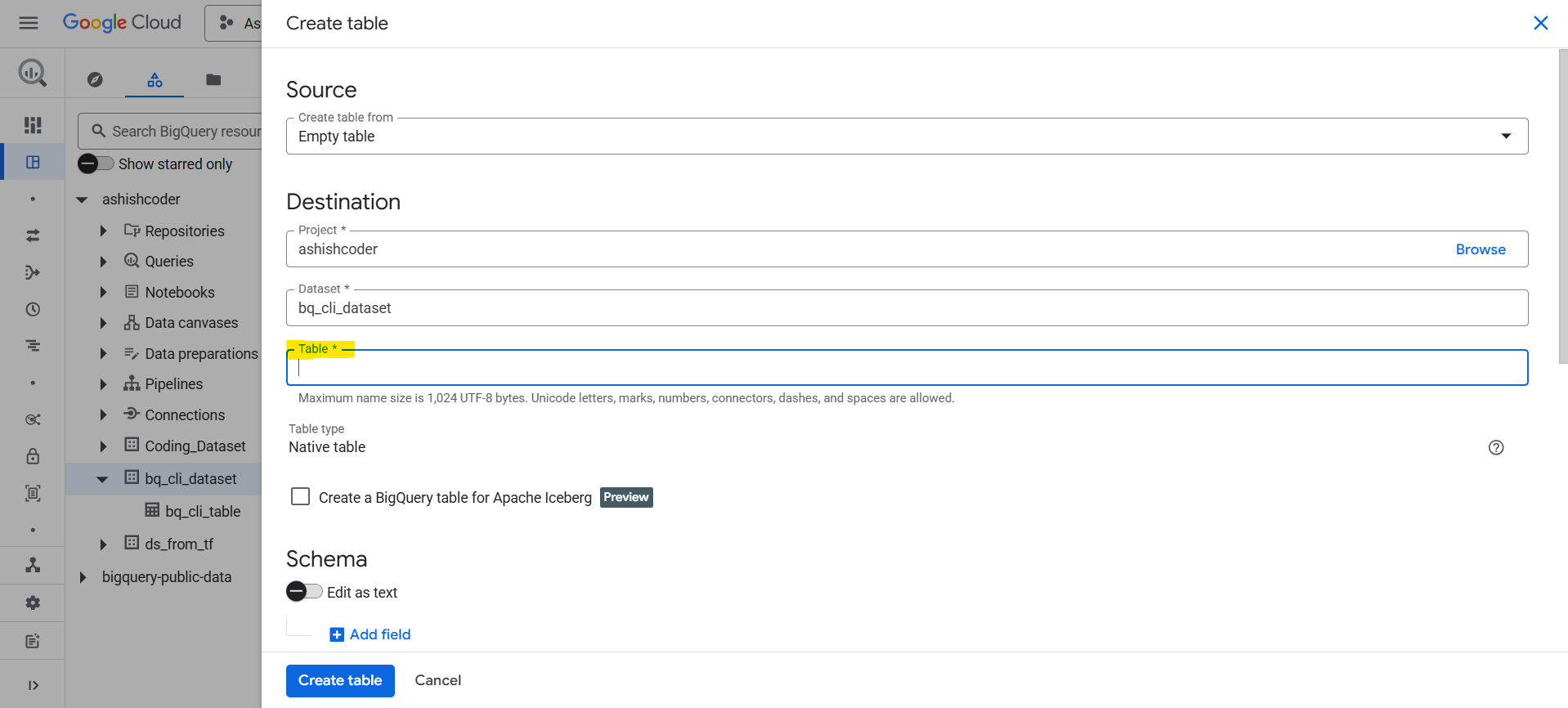 Create a table in BigQuery