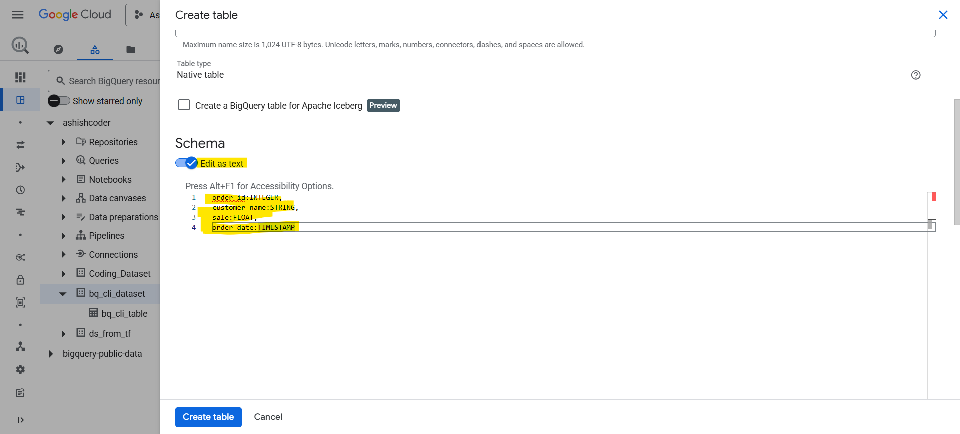 Create a table in BigQuery