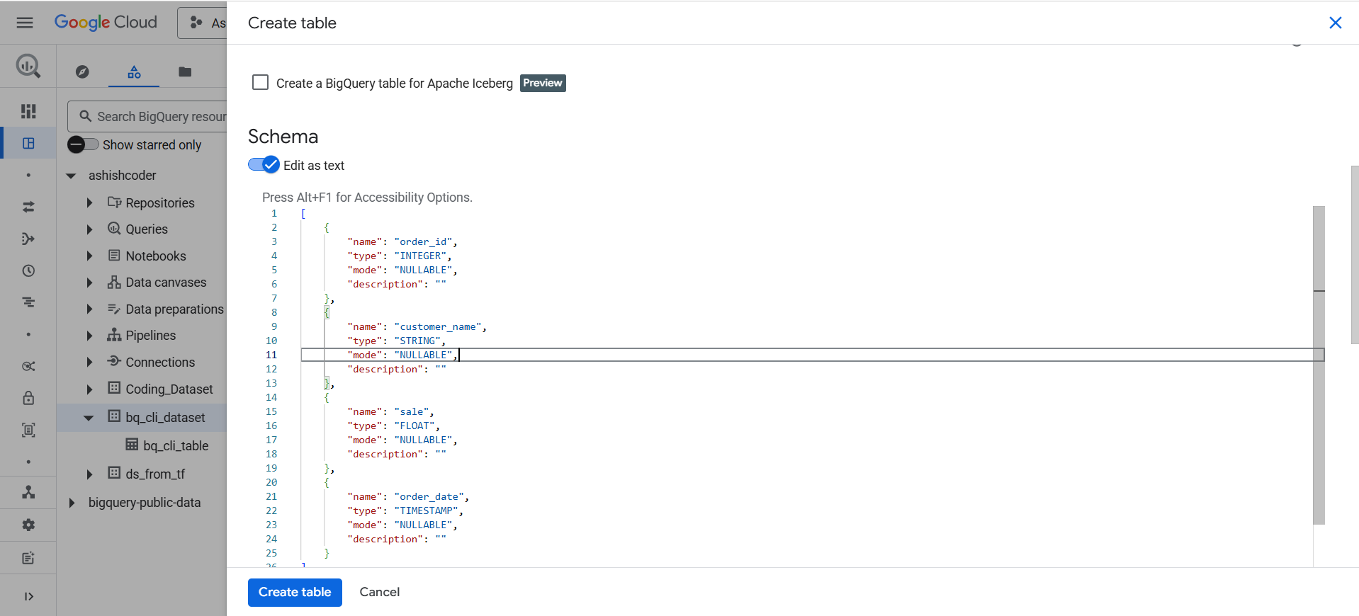Create a table in BigQuery