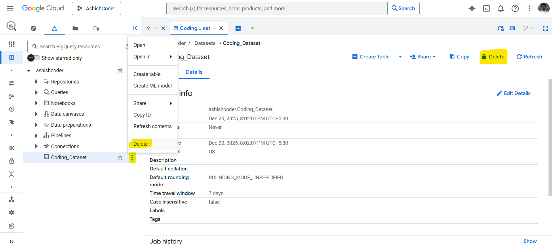 Delete dataset in BigQuery