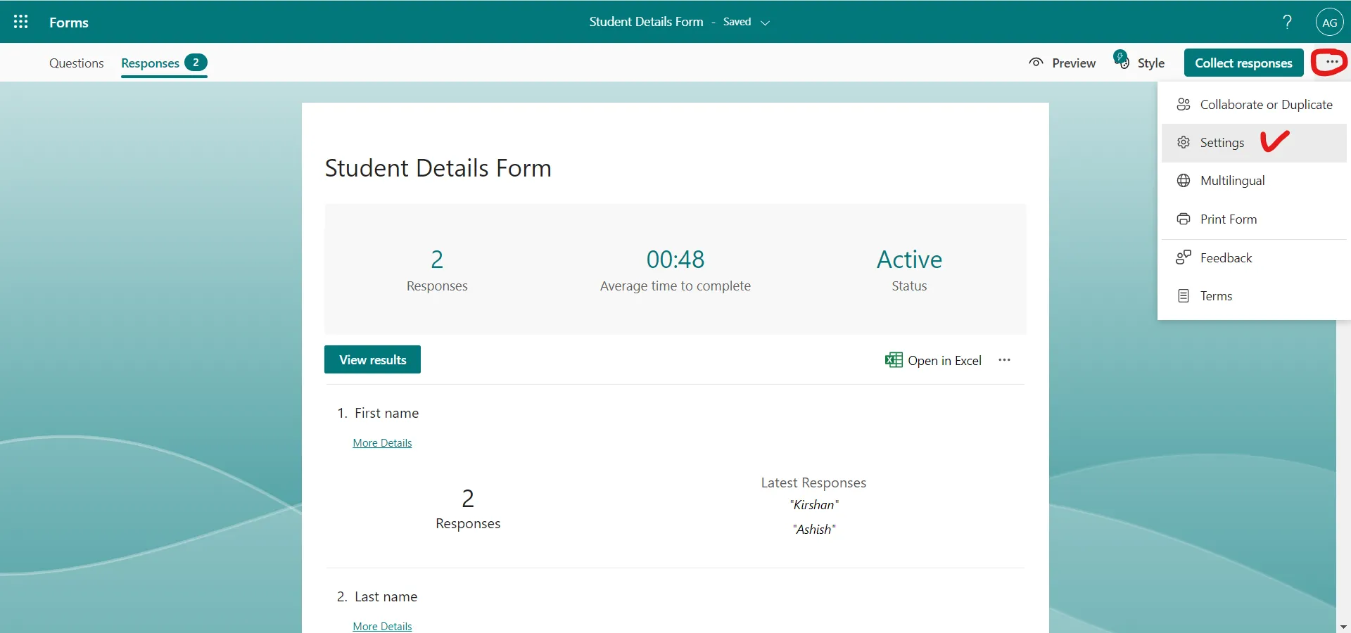 Settings in the Microsoft Forms