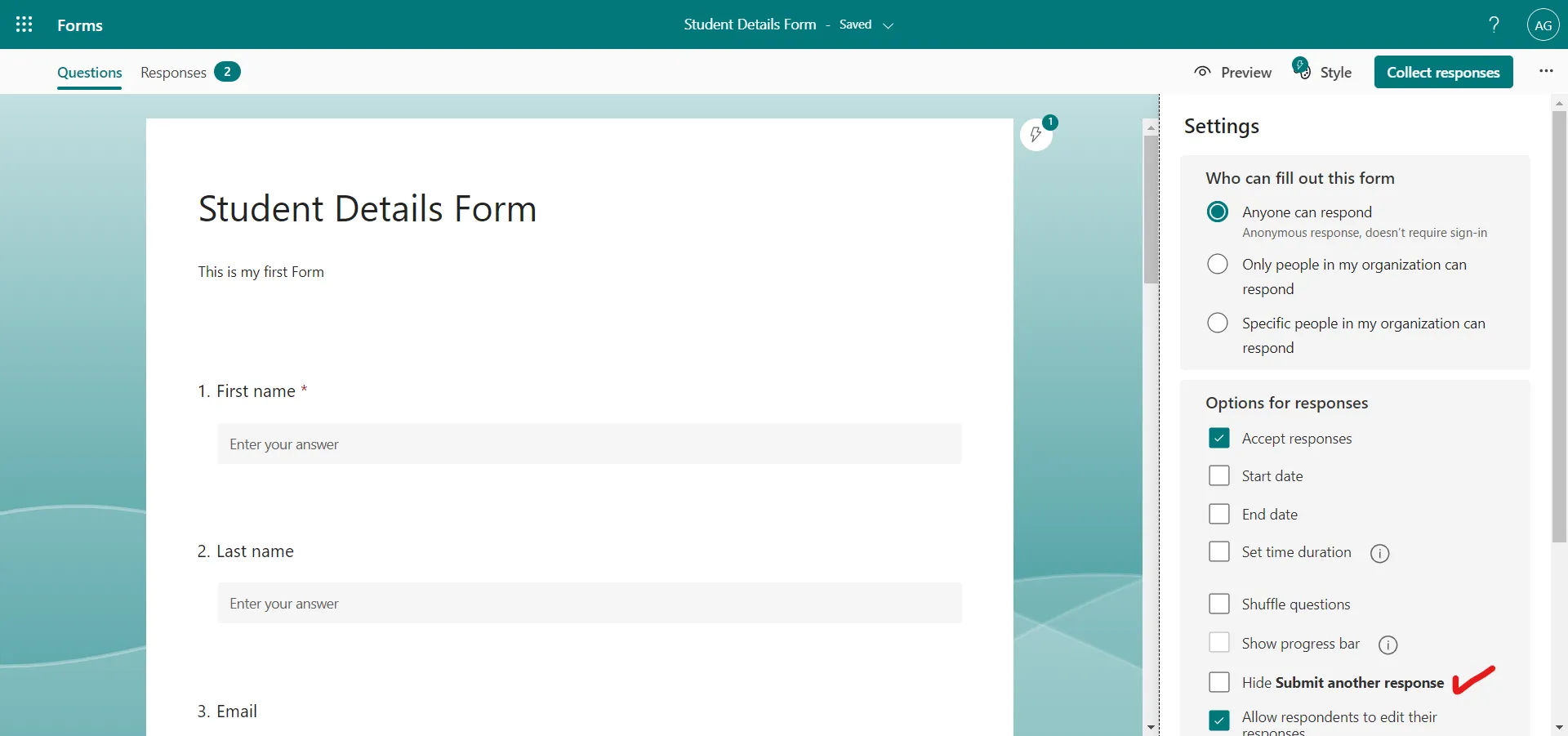 Settings in the Microsoft Forms