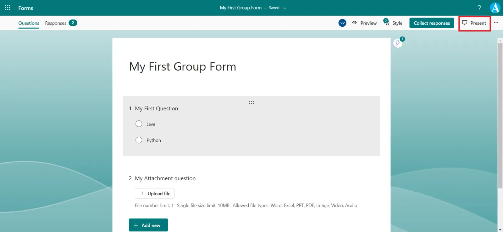 Present feature in Microsoft Forms