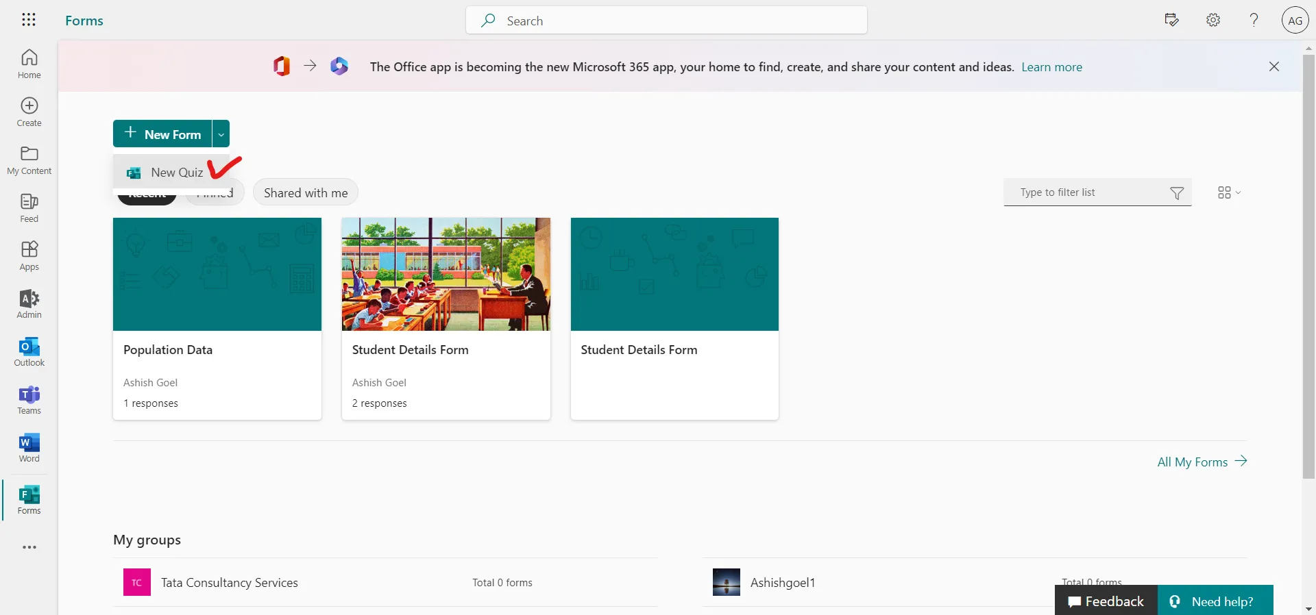 Create Quiz Microsoft Form