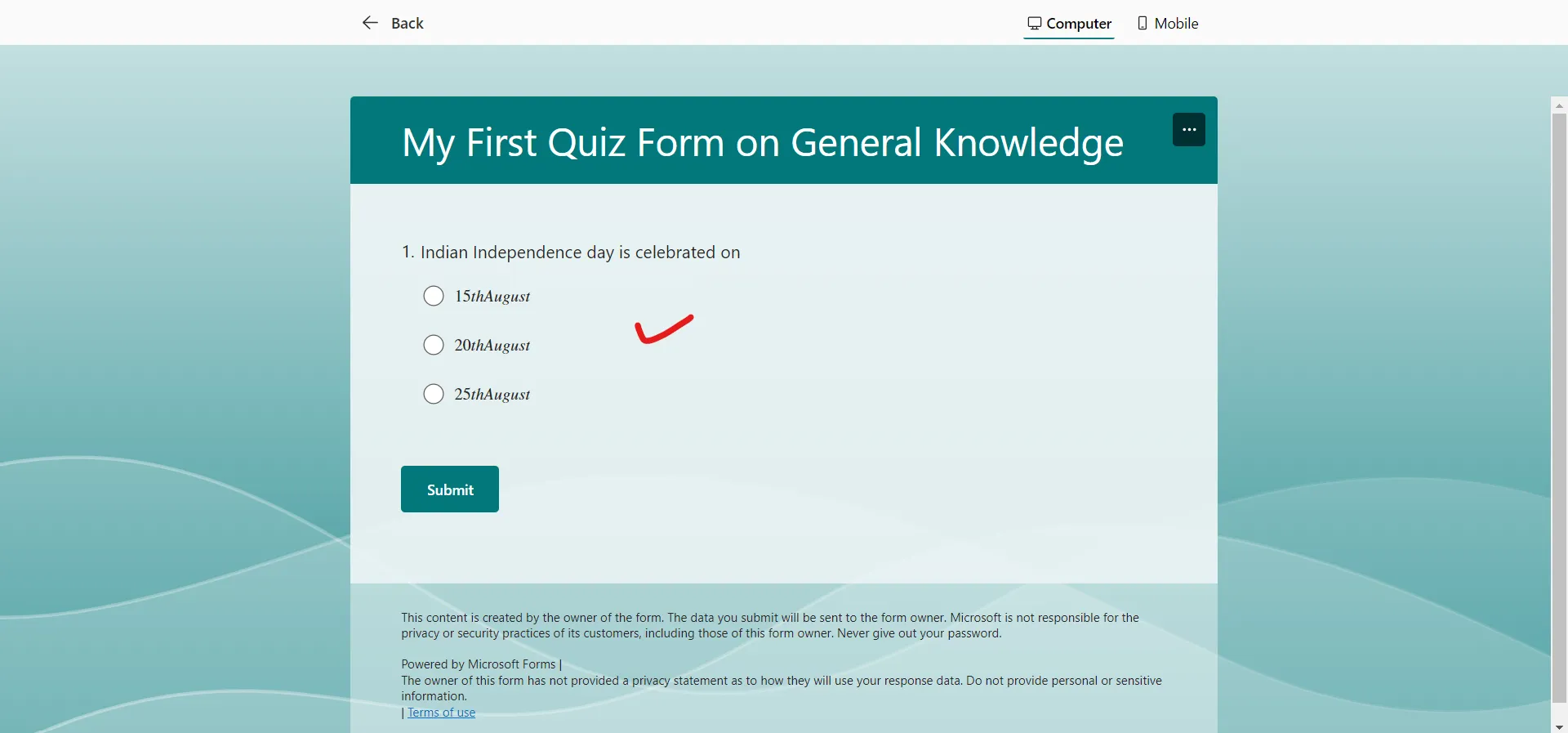 Create Quiz Microsoft Form