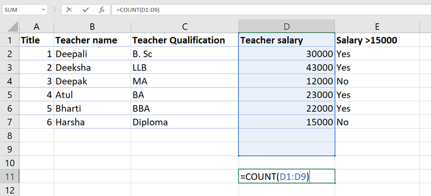 count function in Excel