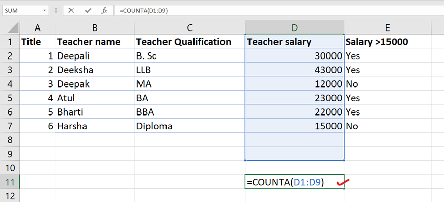 counta function in Excel