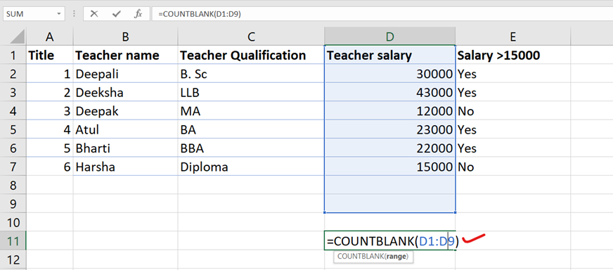 countblank function in Excel
