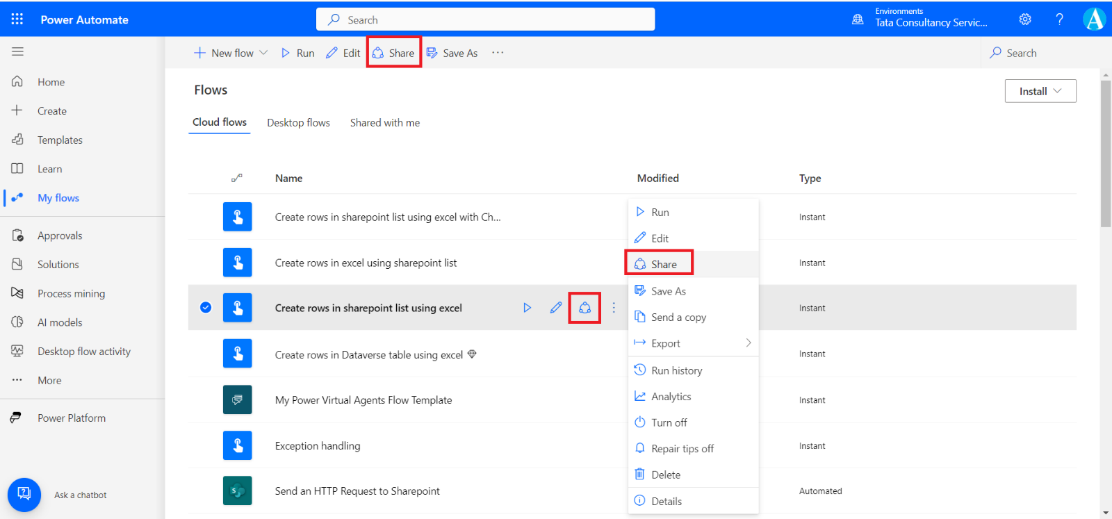 Share the Power Automate flows