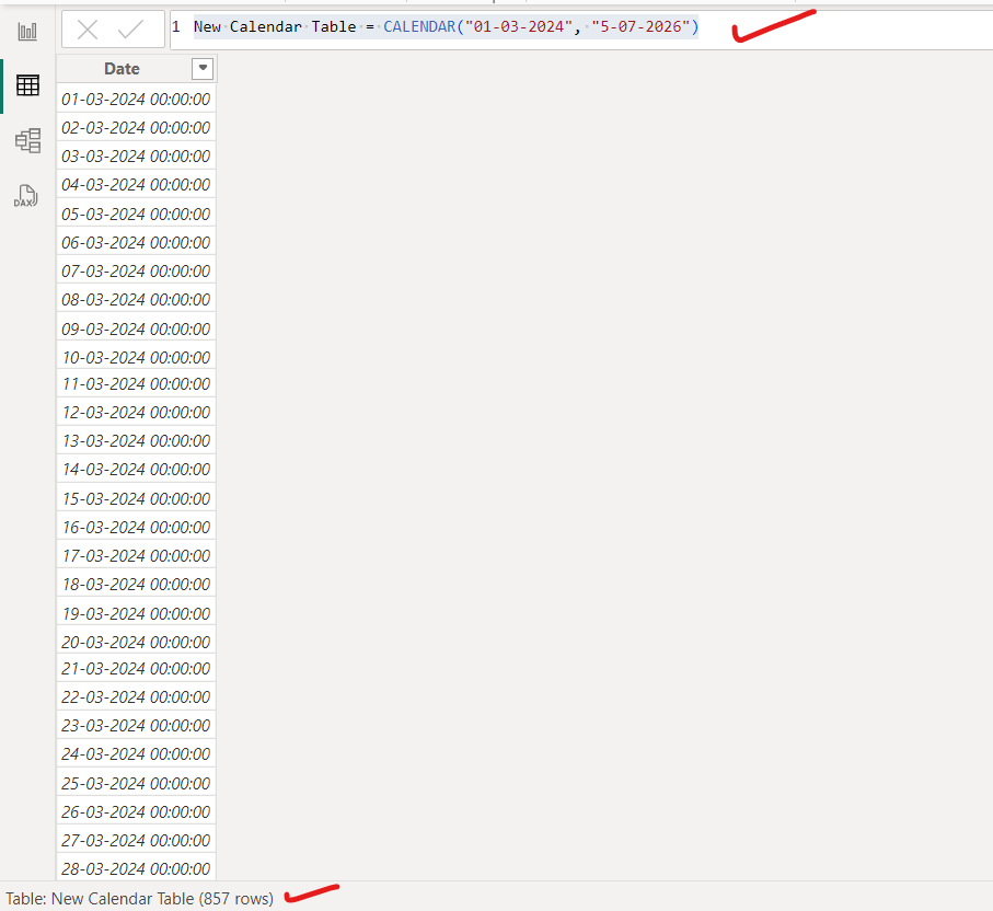 CALENDAR dax function in Power BI