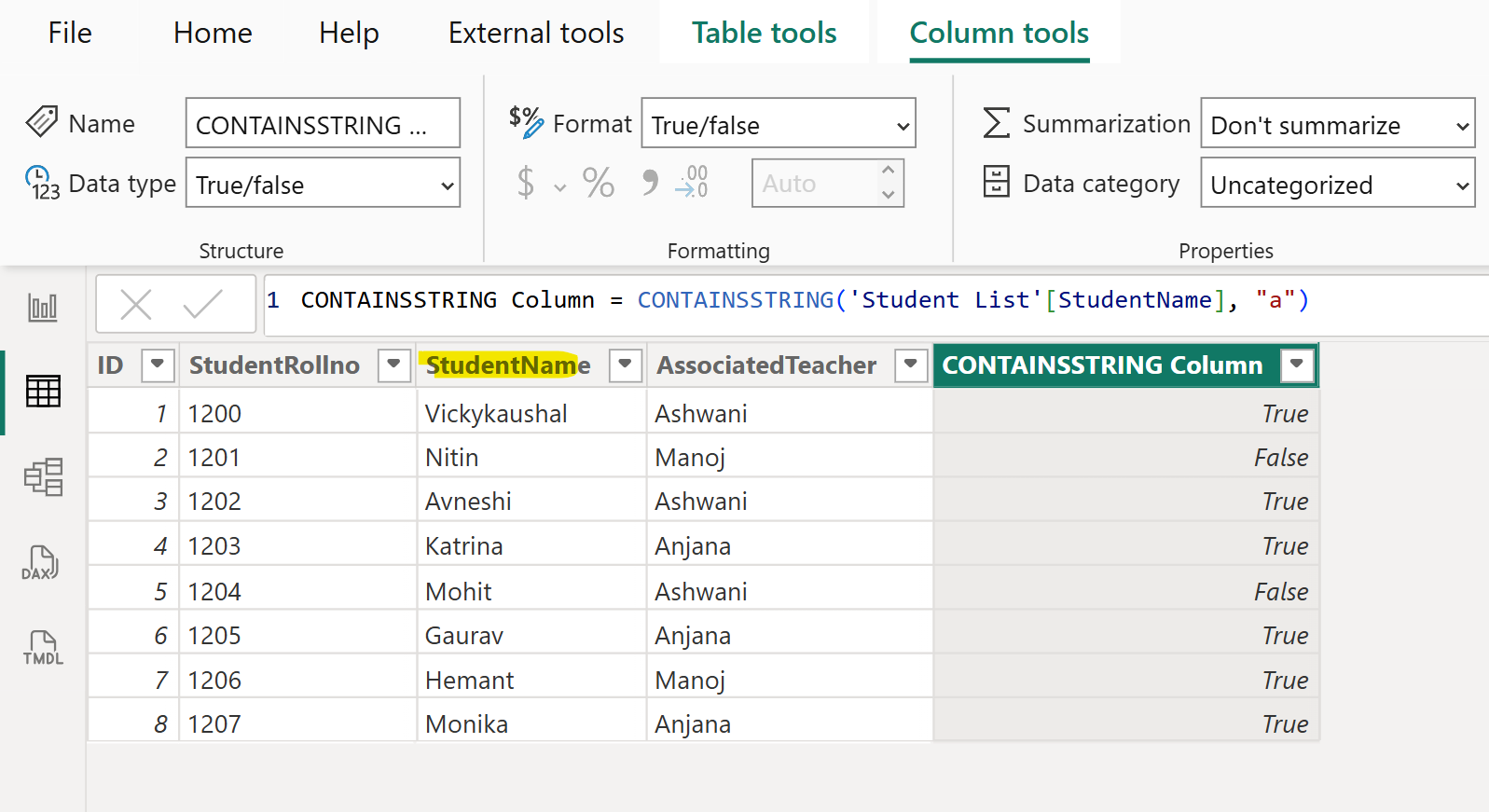 CONTAINSSTRING DAX function in Power BI