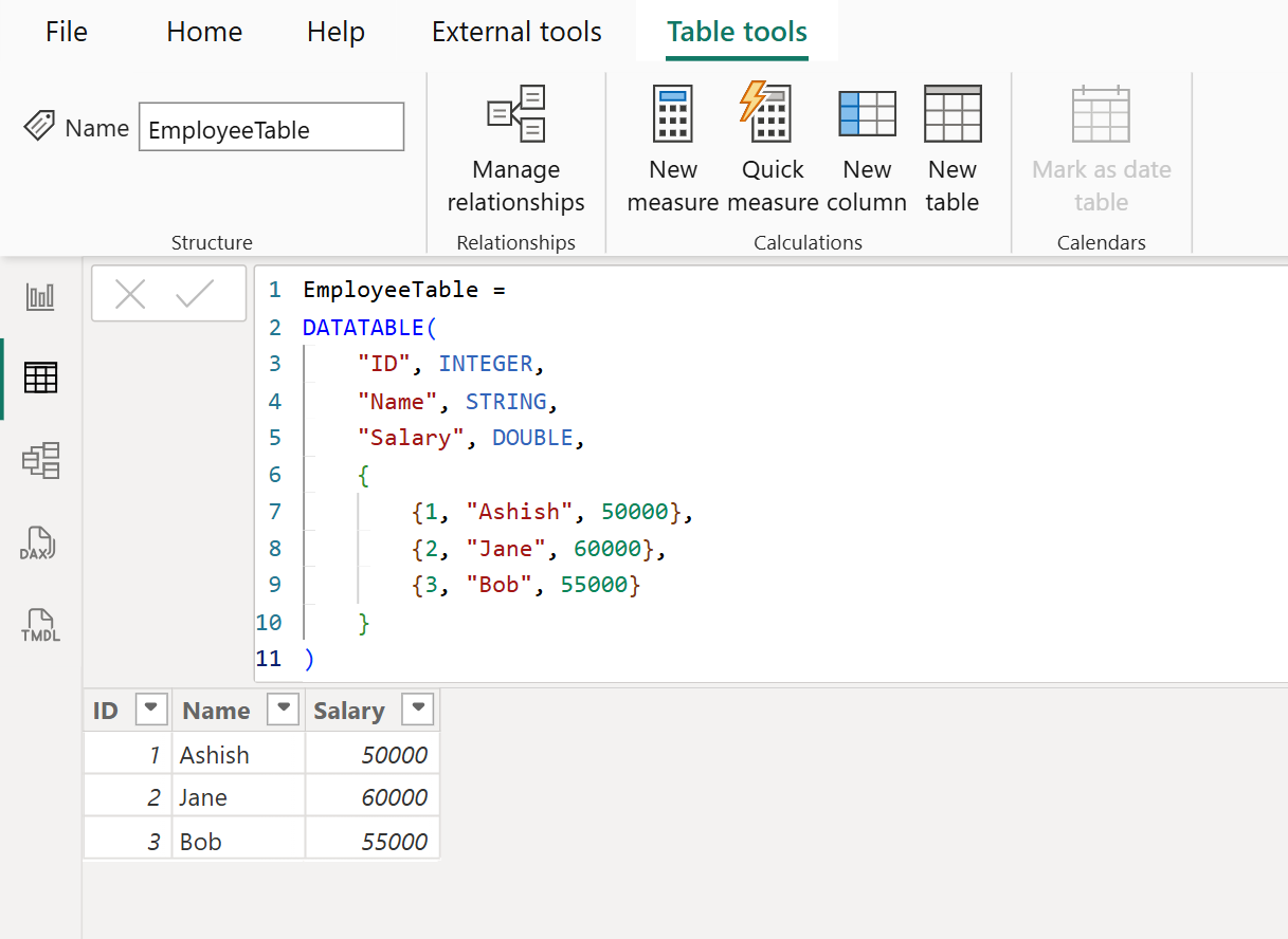 DATATABLE dax function in Power BI