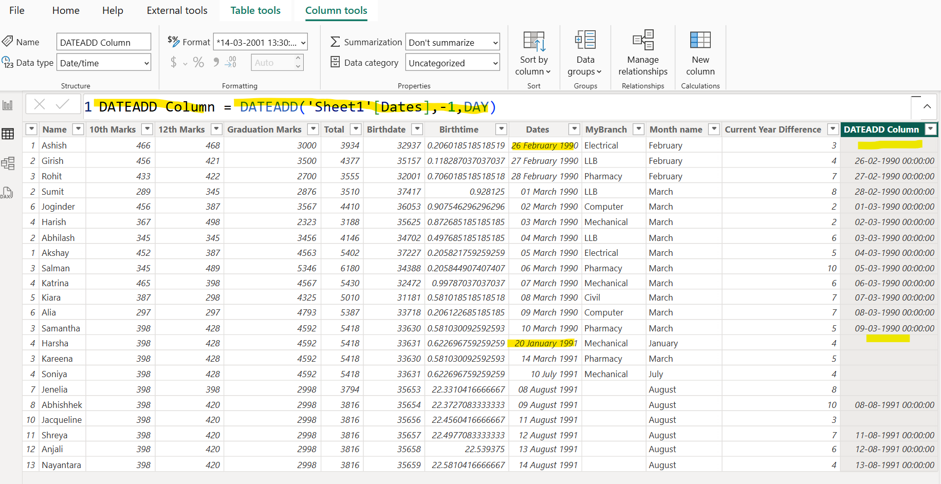 DATEADD DAX function in Power BI