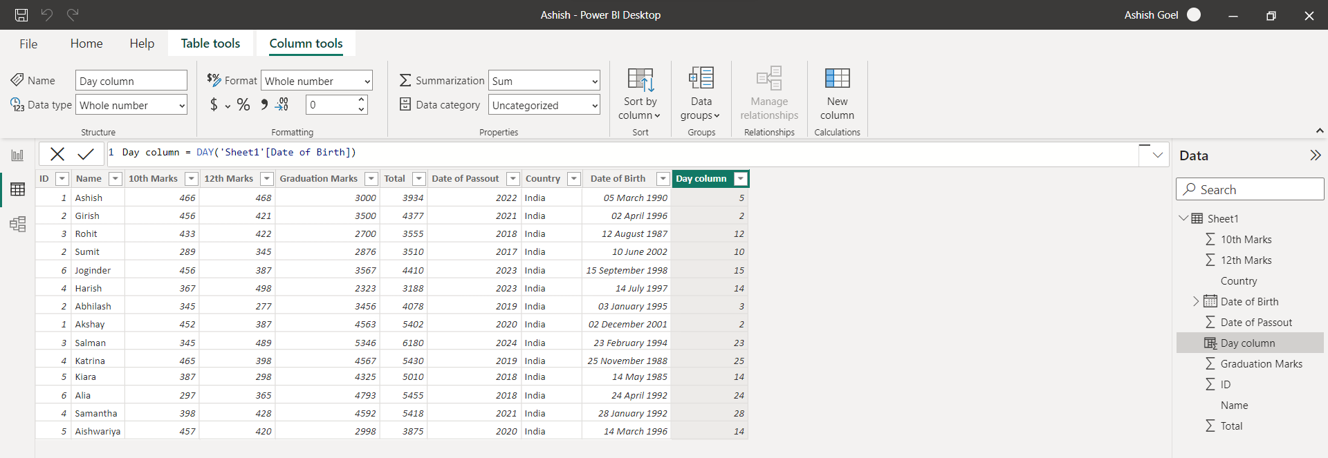 DAY DAX function in Power BI