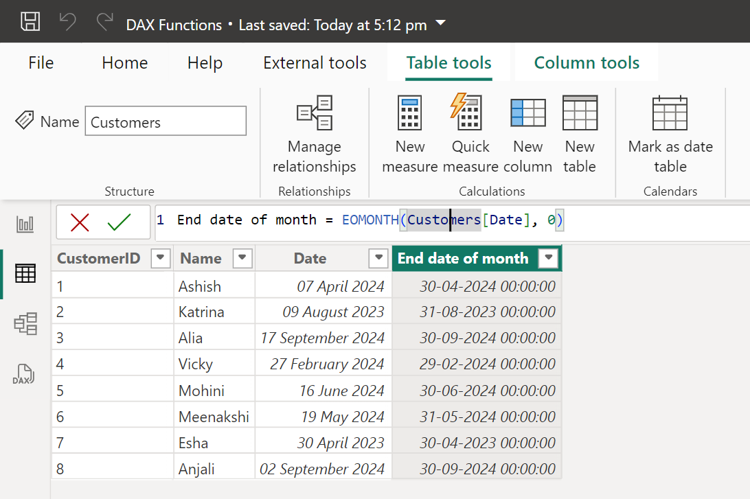 EOMONTH dax function in Power BI
