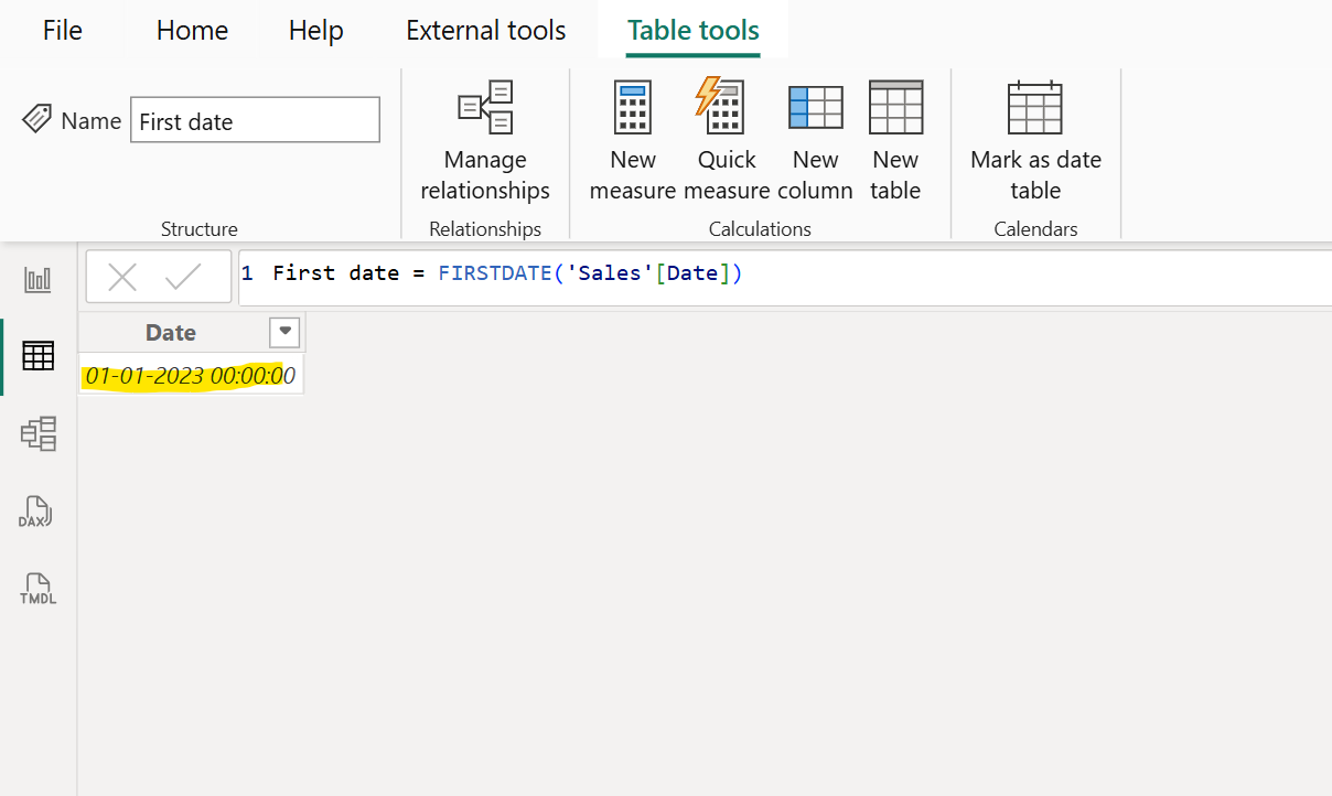 FIRSTDATE dax function in Power BI