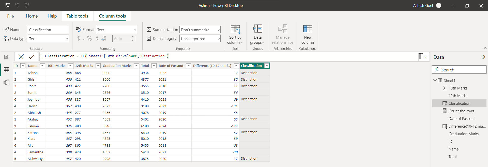 IF DAX function in Power BI