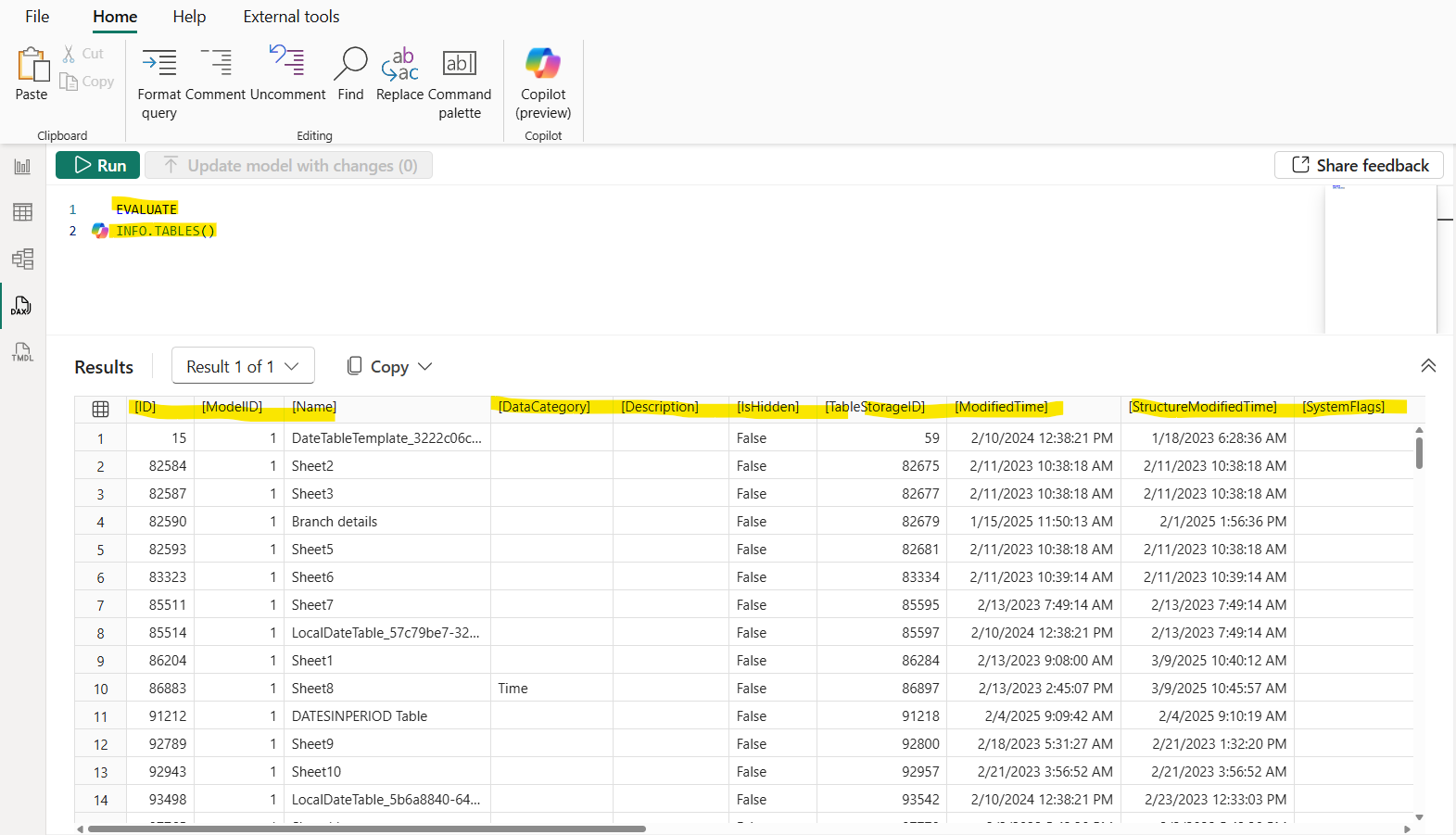 INFO.TABLES DAX function in Power BI