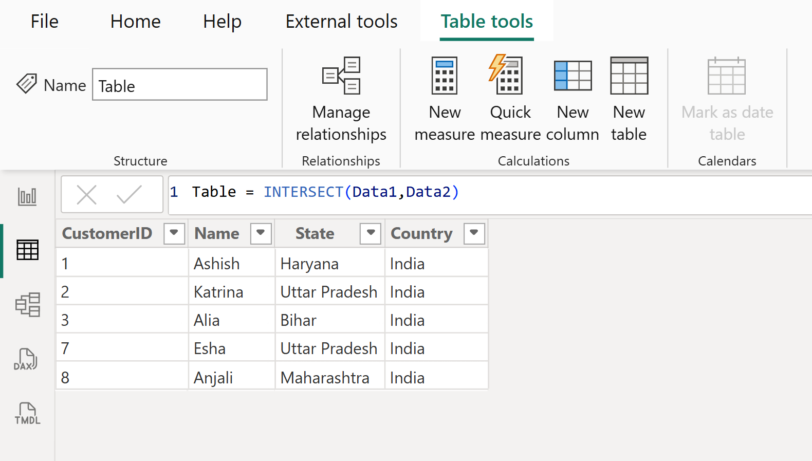 INTERSECT dax function in Power BI