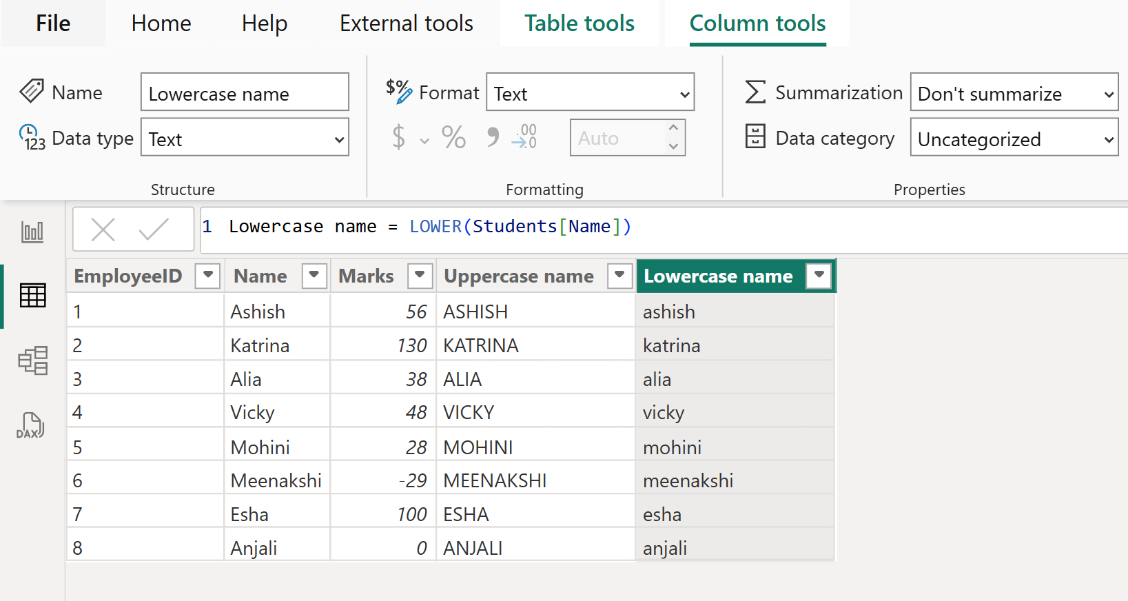 LOWER dax function in Power BI