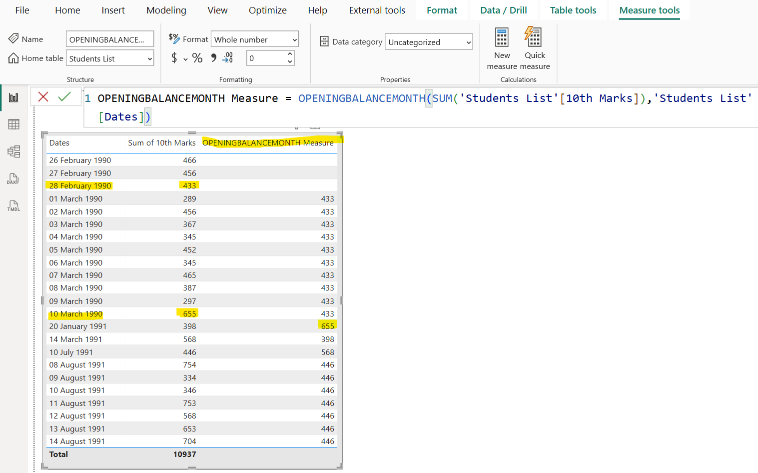 OPENINGBALANCEMONTH dax function in Power BI