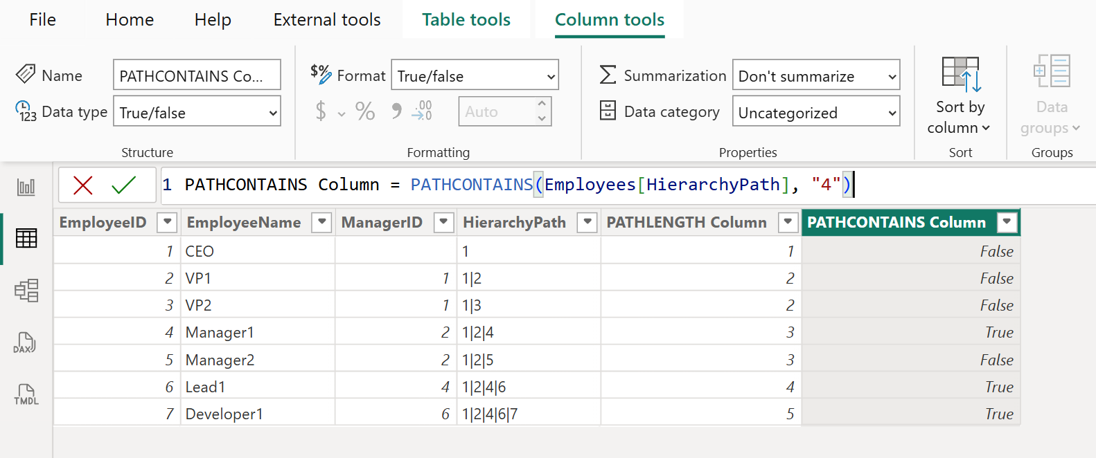 PATHCONTAINS DAX function in Power BI