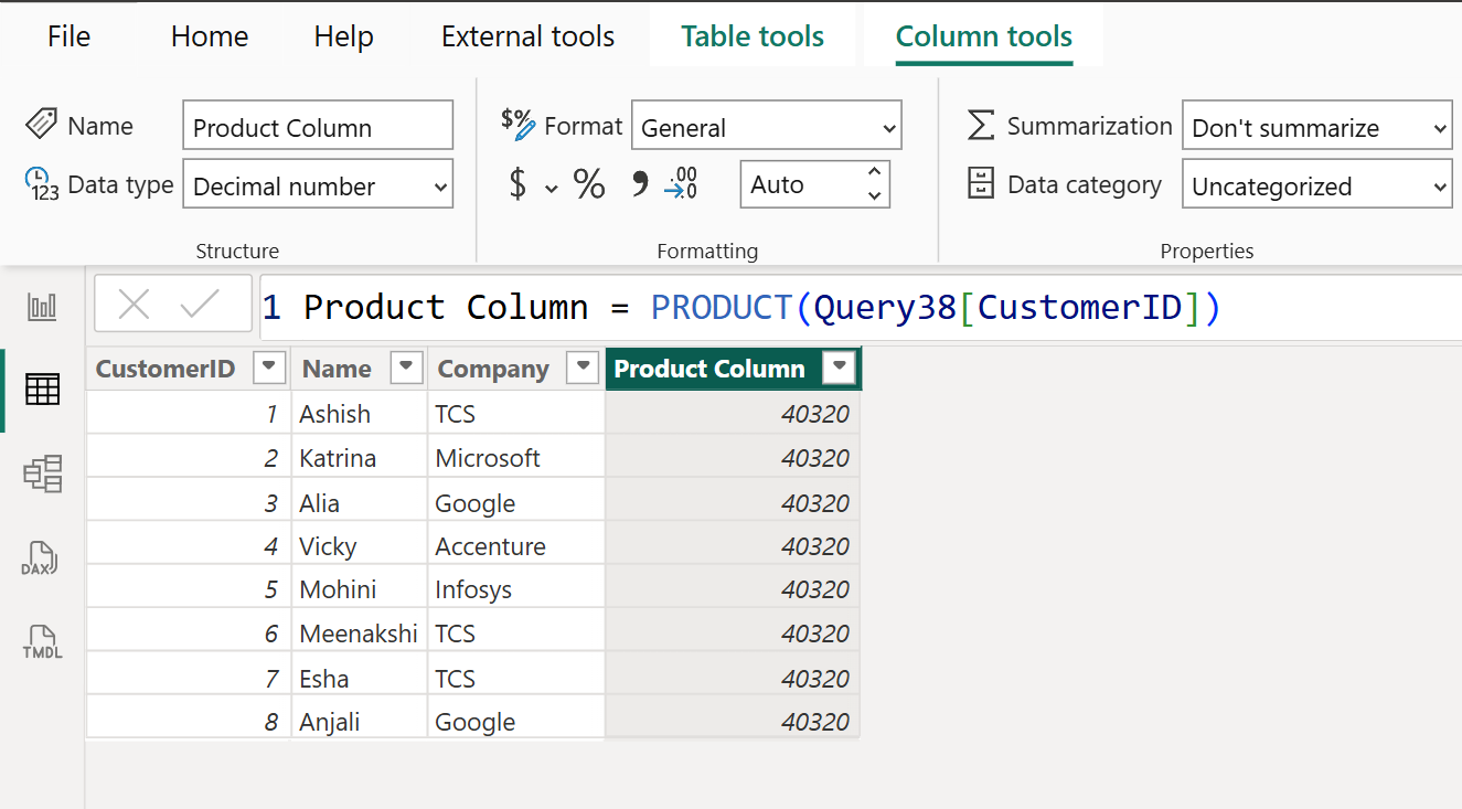 PRODUCT DAX function in Power BI