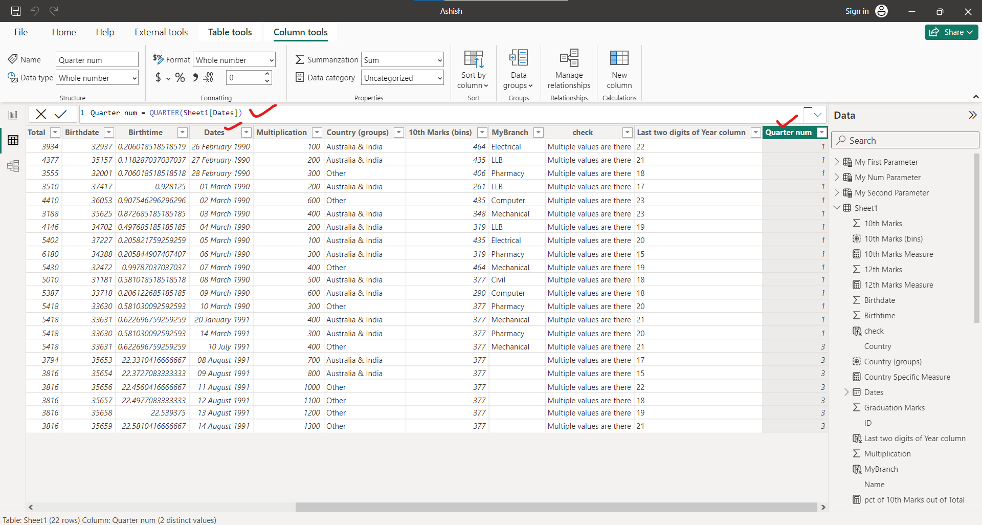 QUARTER DAX function in Power BI