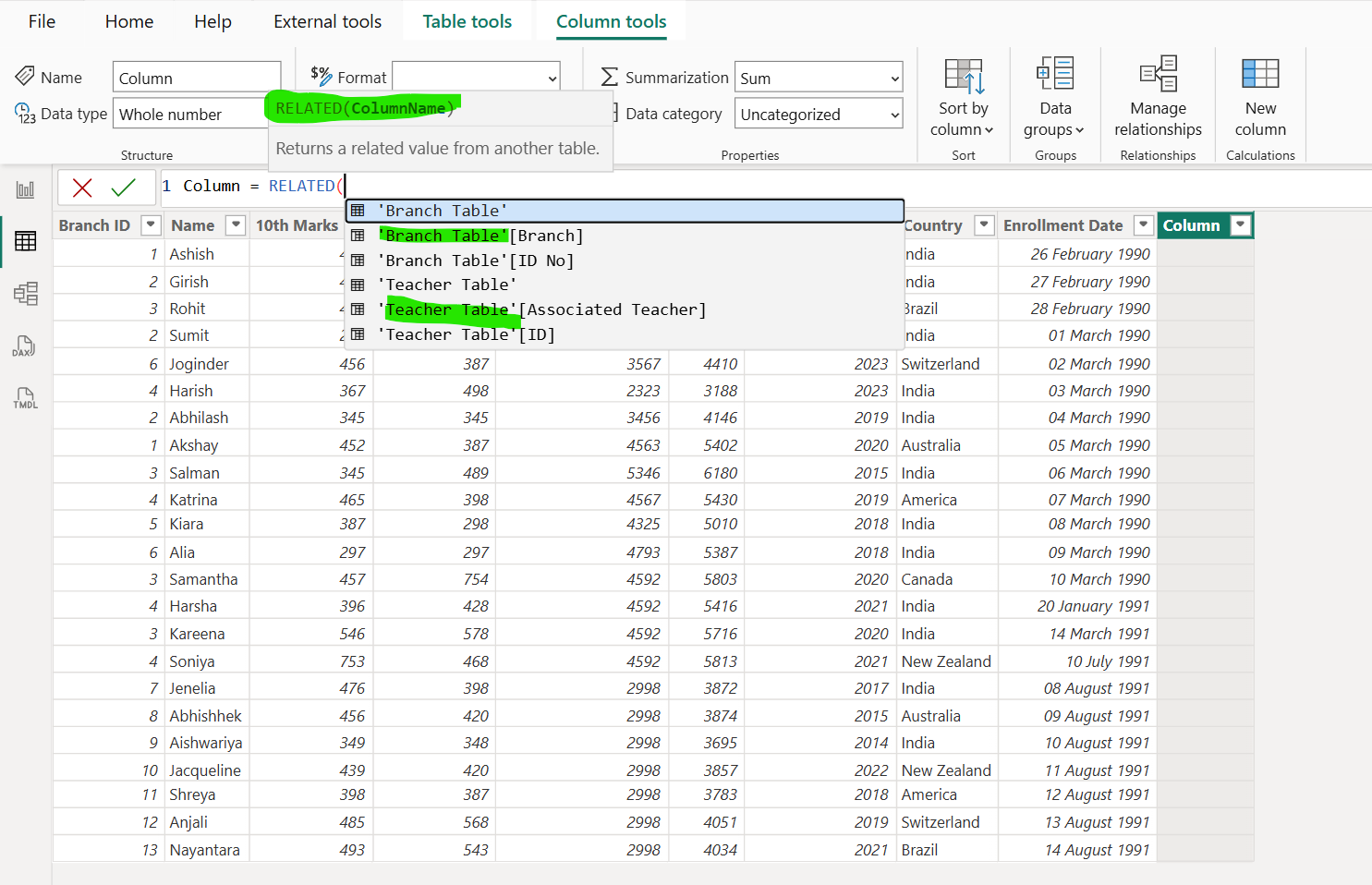 RELATED dax function in Power BI