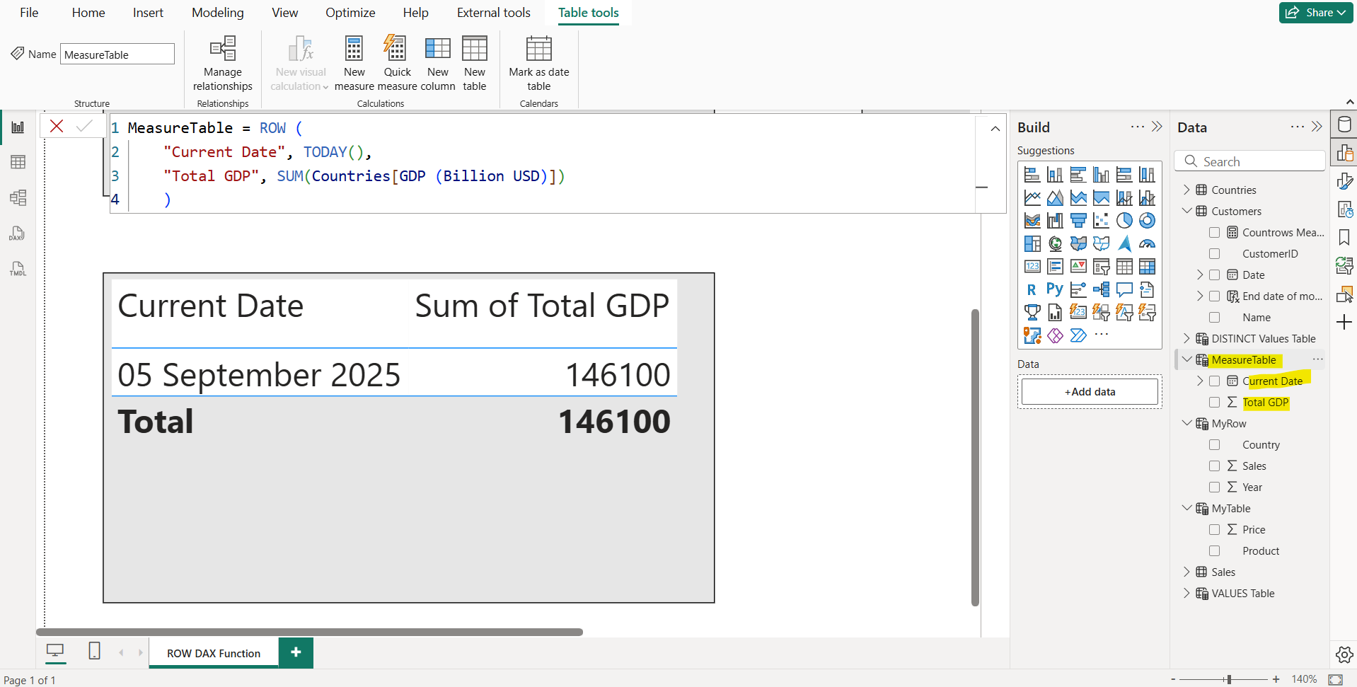 ROW dax function in Power BI