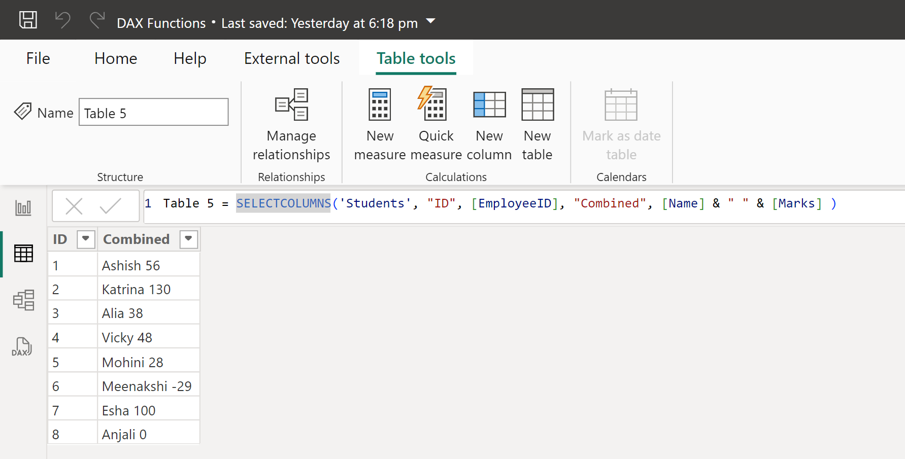 SELECTCOLUMNS dax function in Power BI