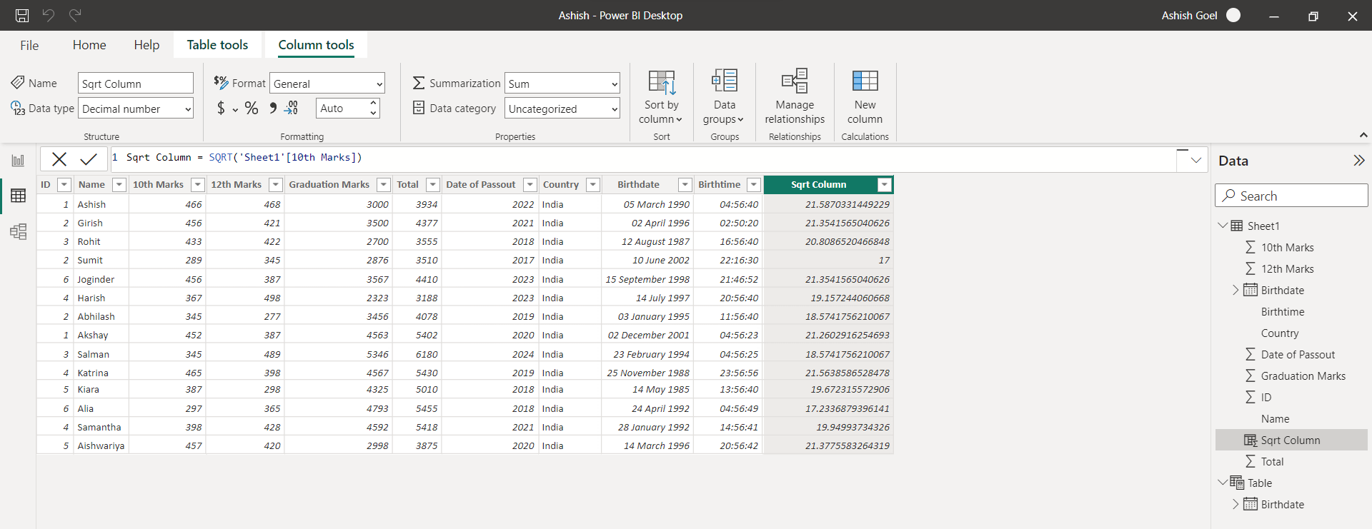 SQRT dax function in Power BI