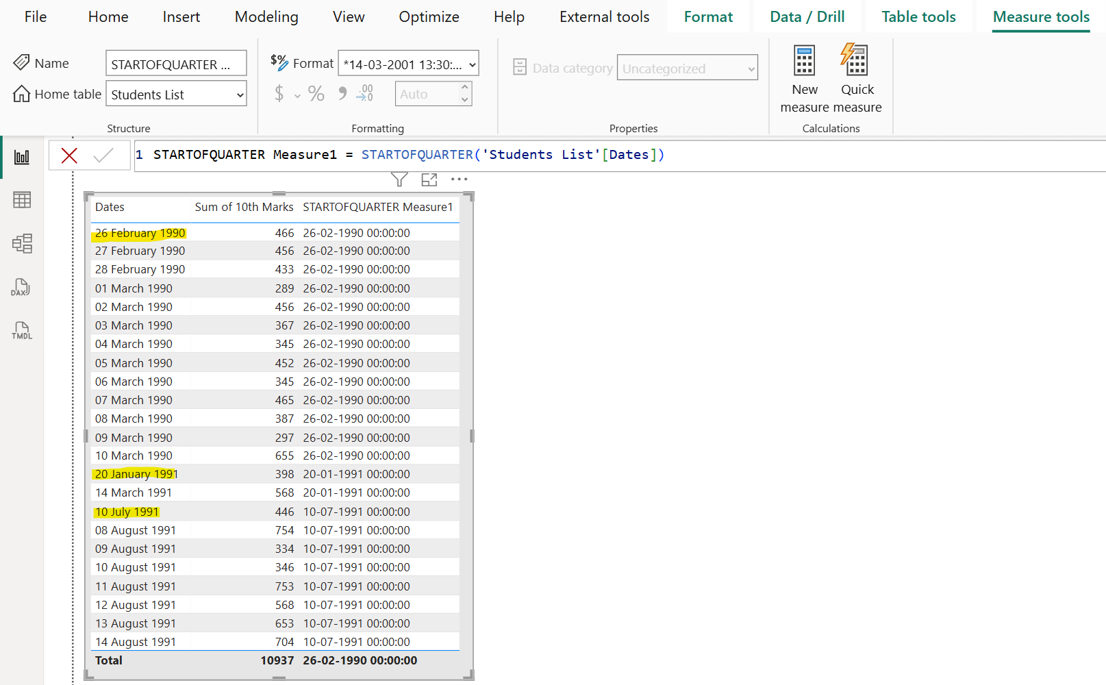 STARTOFQUARTER dax function in Power BI
