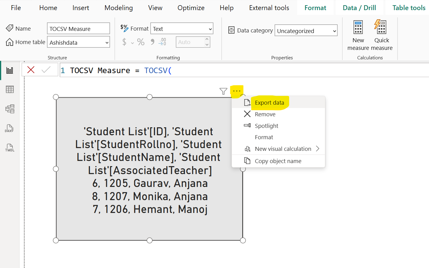 TOCSV DAX Function in Power BI