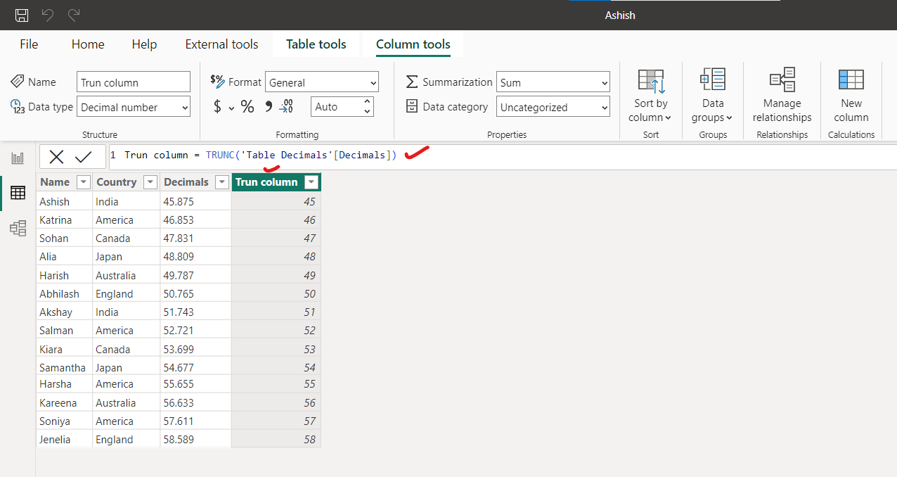 TRUNC dax function in Power BI