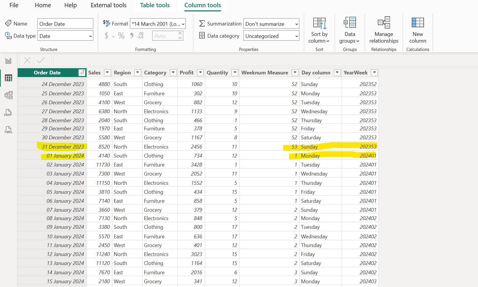 WEEKNUM DAX function in Power BI