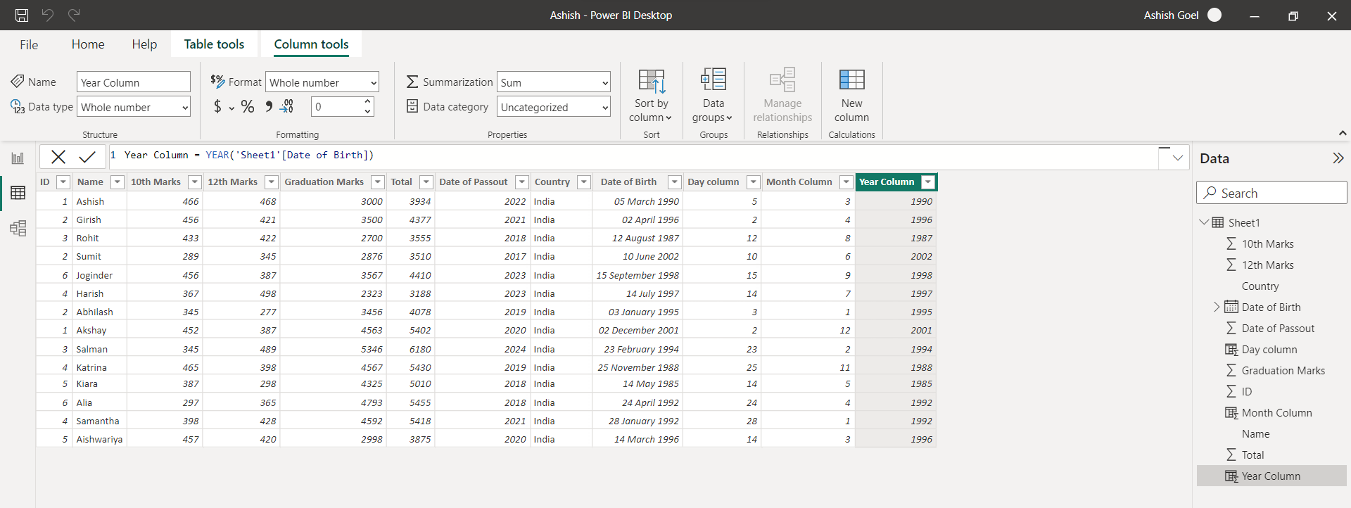 YEAR dax function in Power BI