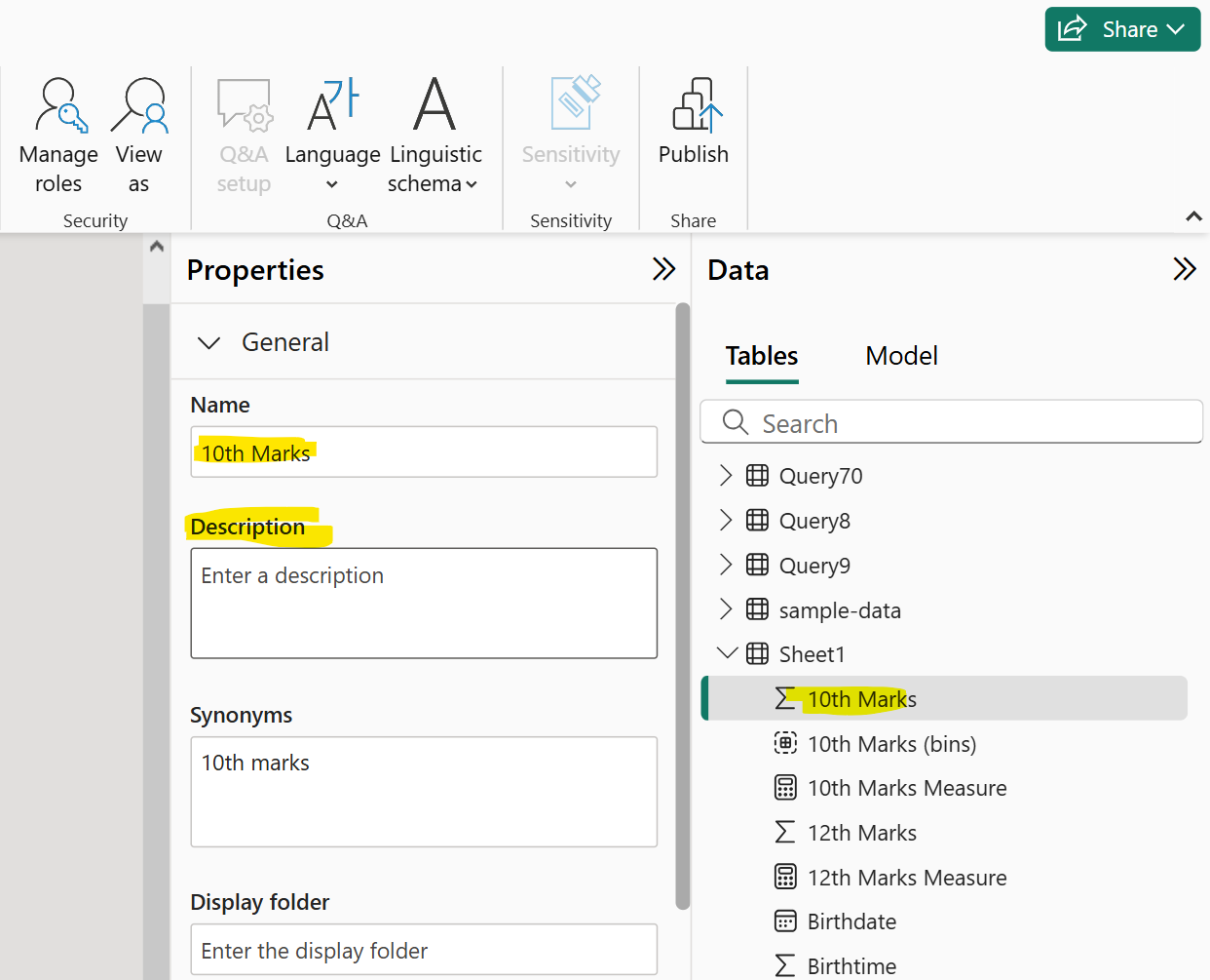 Description in Model View in Power BI
