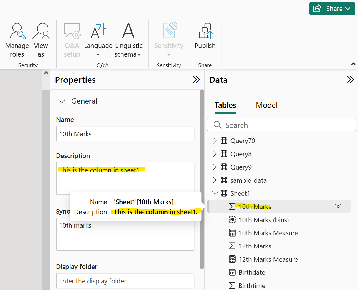 Description in Model View in Power BI