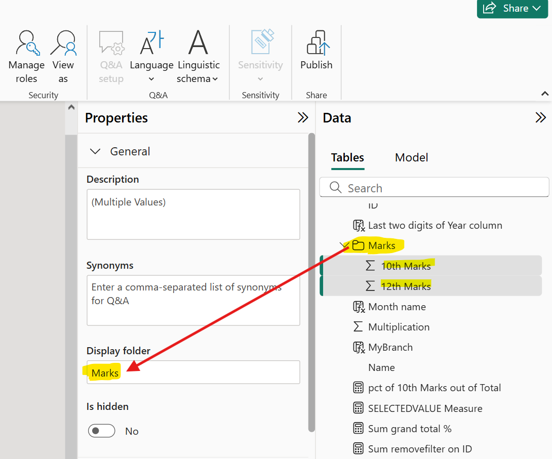 Fields in a Display folder in Power BI