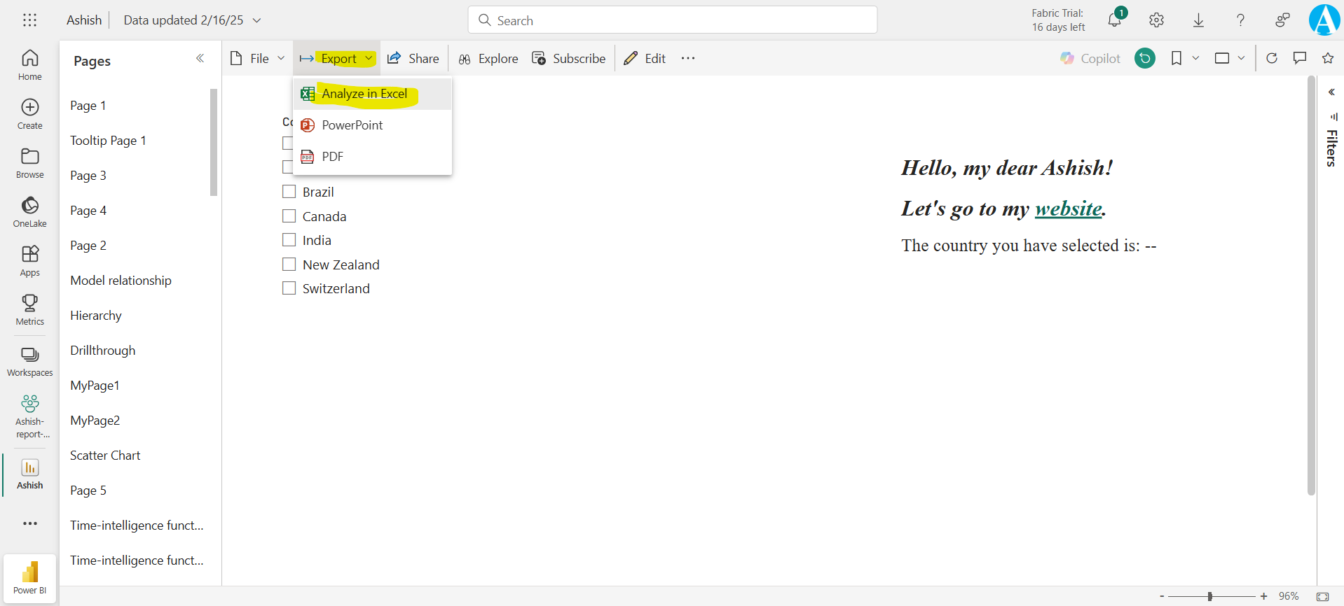 Analyze in Excel in Power BI Service
