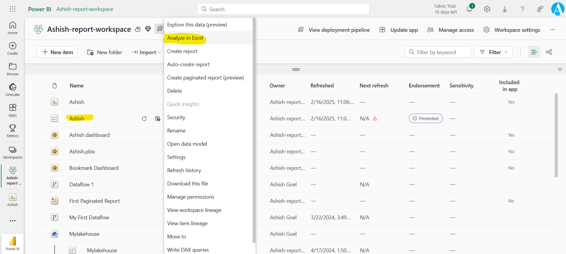 Analyze in Excel in Power BI Service