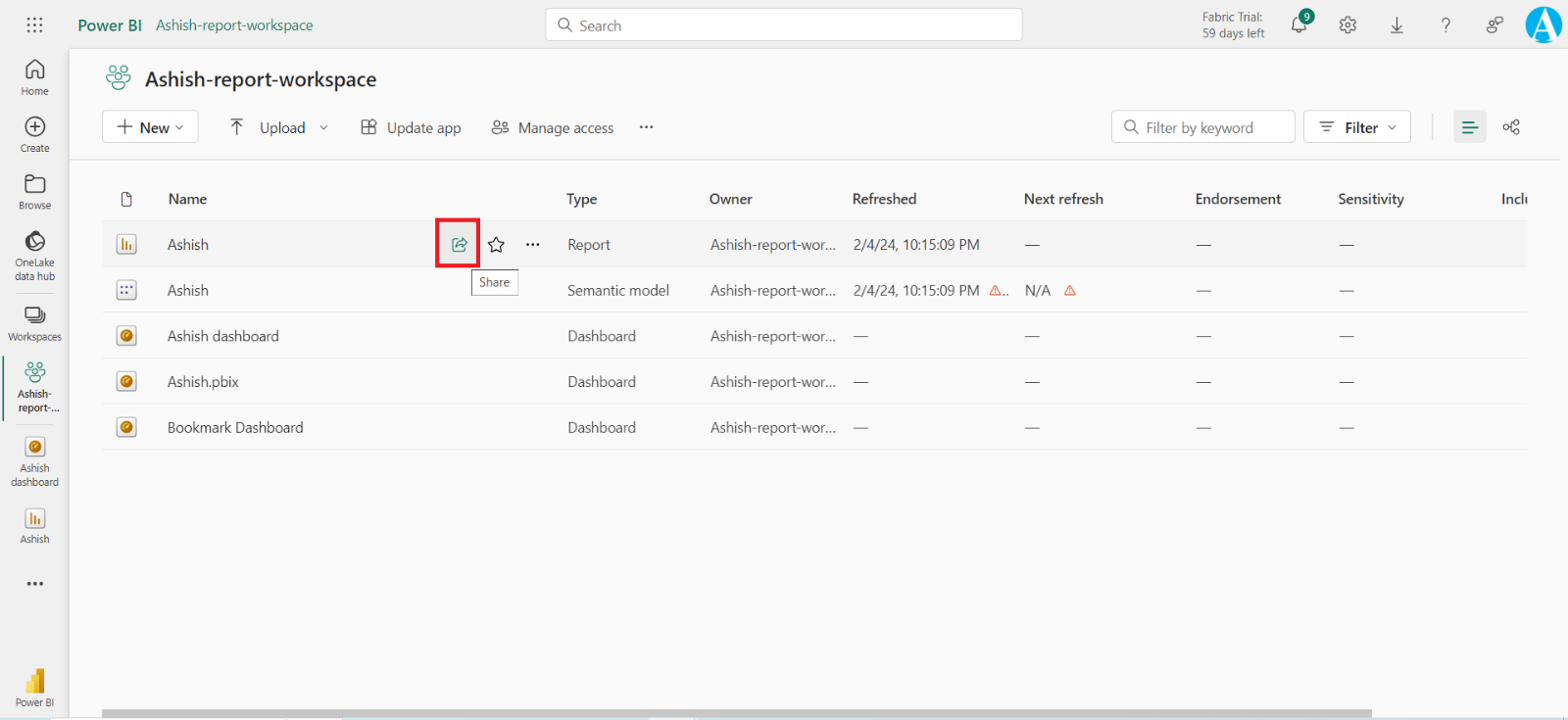 Share the Power BI report and dashboard