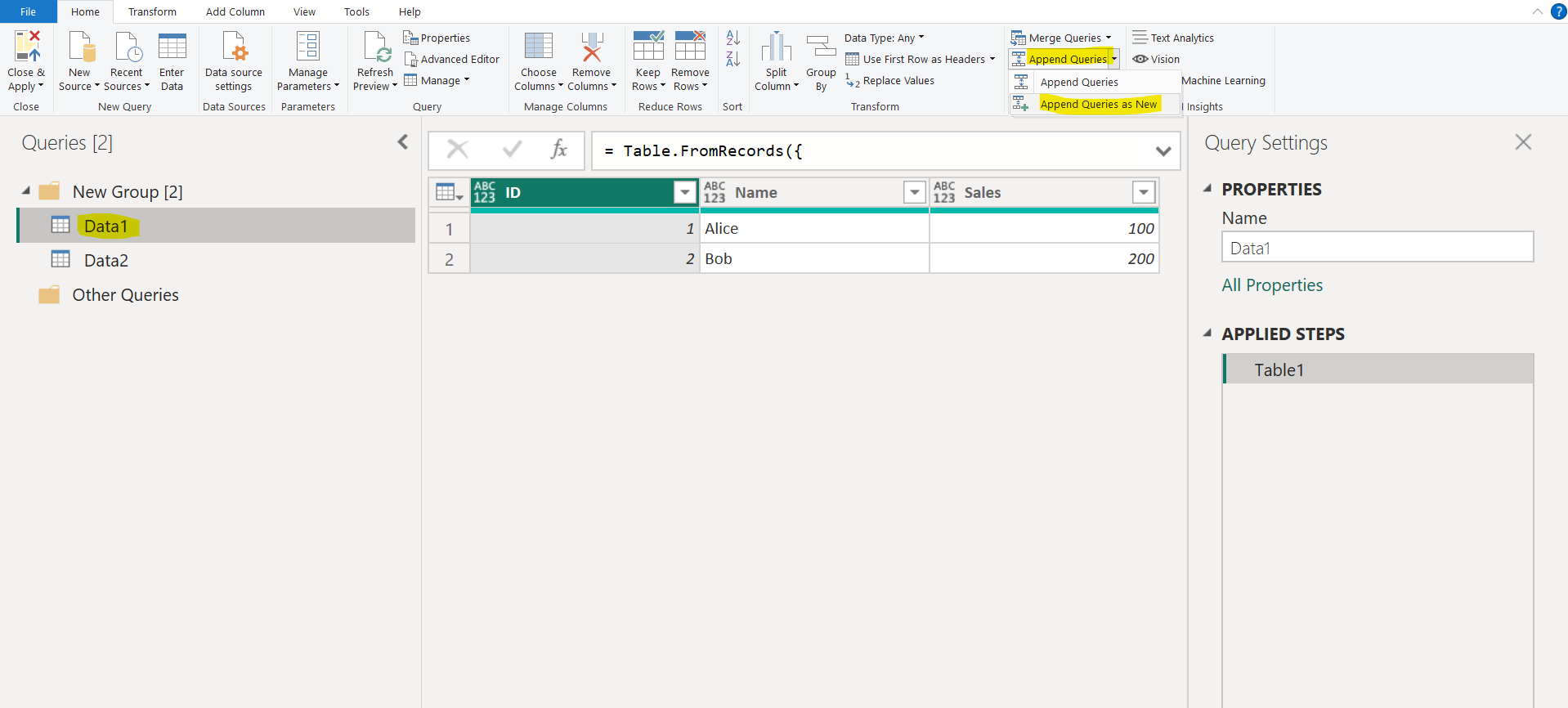 Append Queries in Power Query Editor