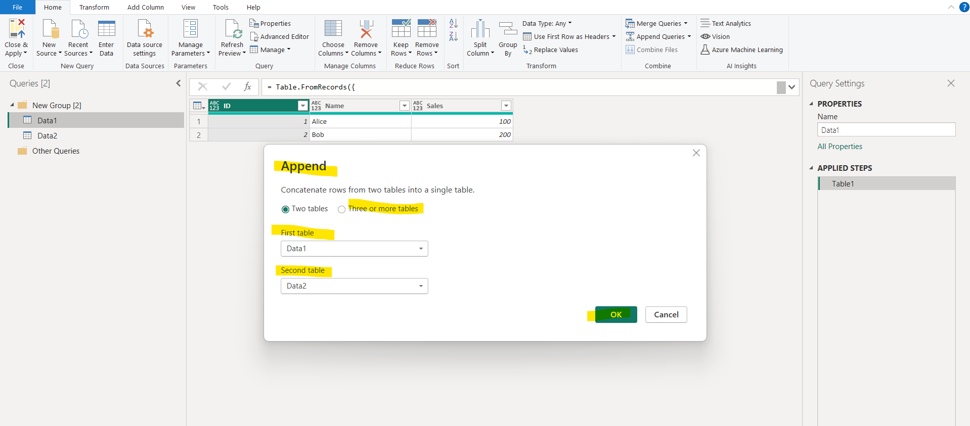 Append Queries in Power Query Editor