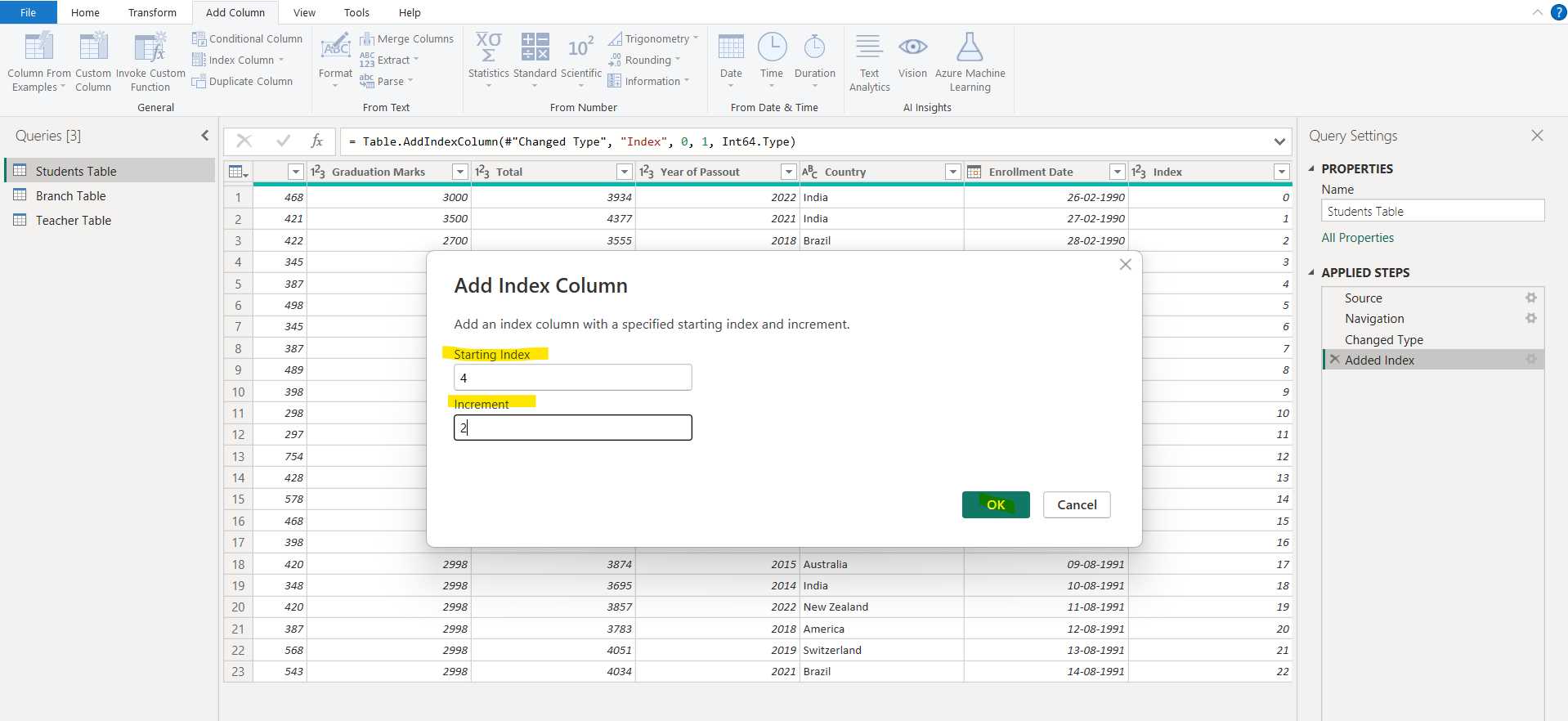 Index Column in Power Query Editor
