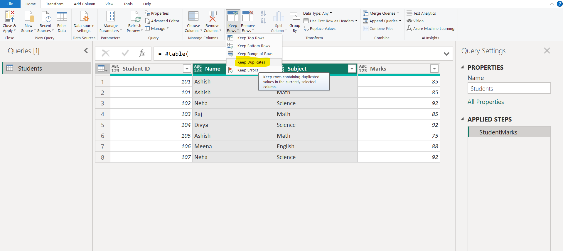 Keep Duplicates from Keep Rows Dropdown