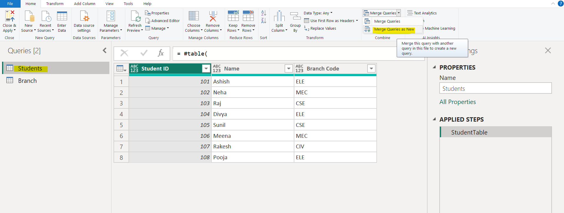 Merge Queries in Power Query Editor