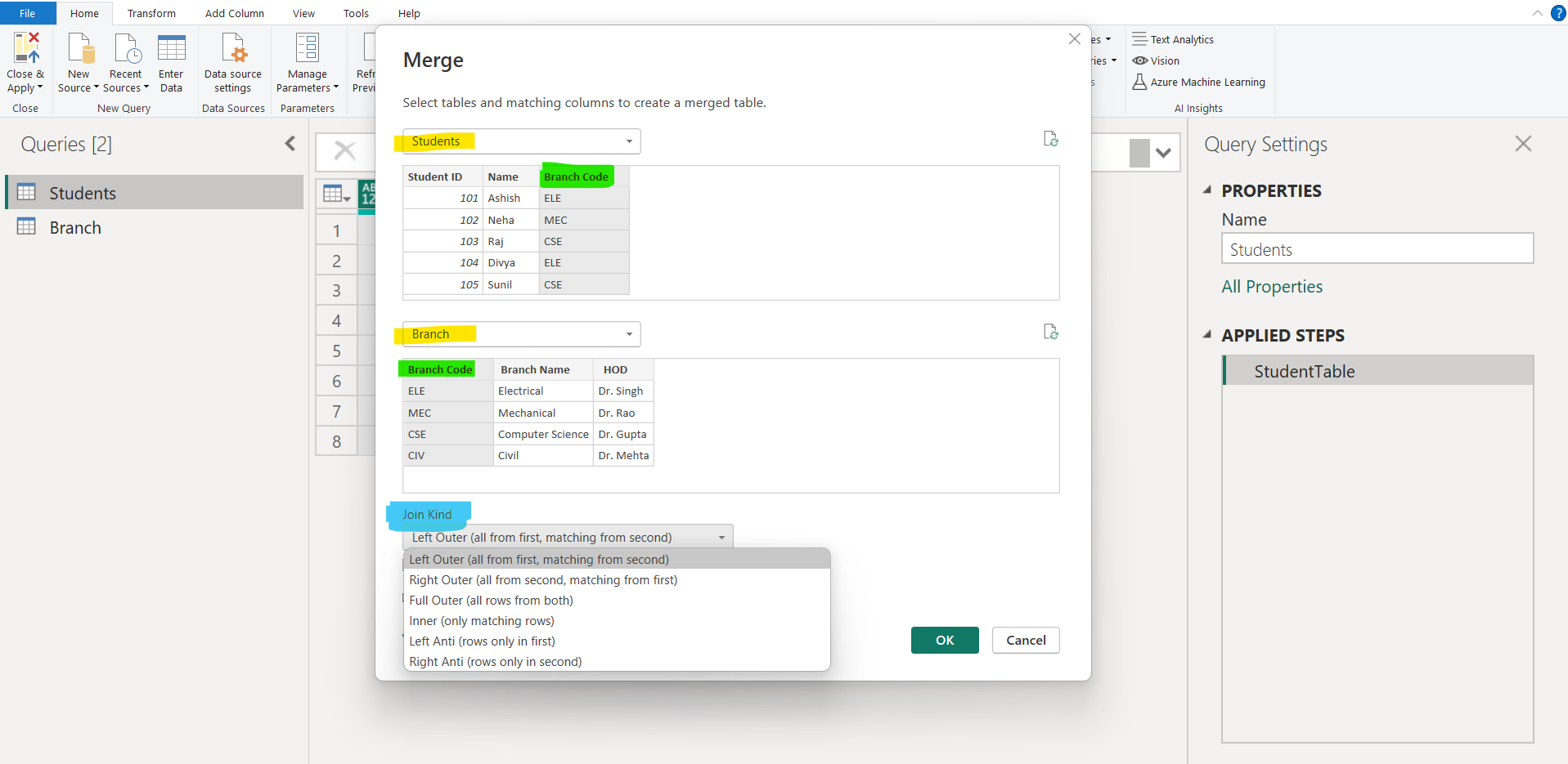 Merge Queries in Power Query Editor