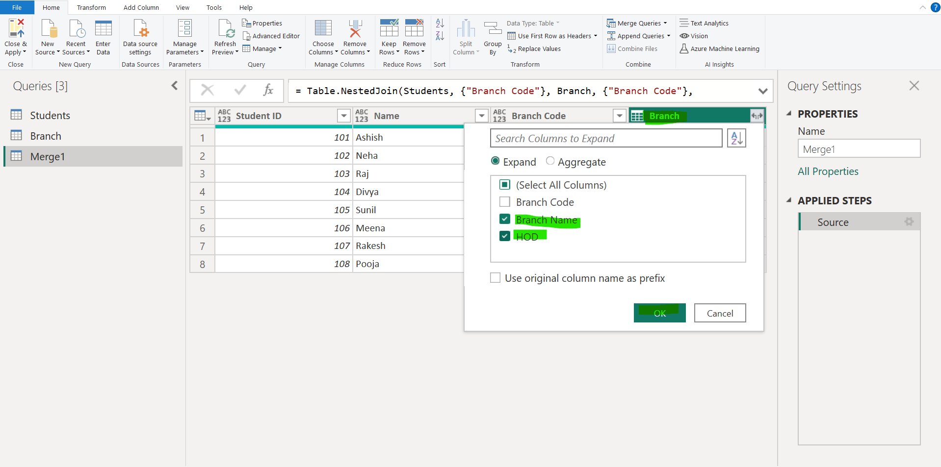 Merge Queries in Power Query Editor